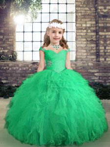 Fashionable Floor Length Lace Up Little Girls Pageant Dress Wholesale Turquoise for Party and Wedding Party with Beading and Ruffles