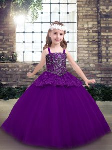 Purple Tulle Lace Up Straps Sleeveless Floor Length Pageant Gowns For Girls Beading