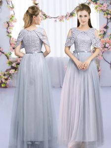 Floor Length Zipper Damas Dress Grey for Wedding Party with Lace and Belt