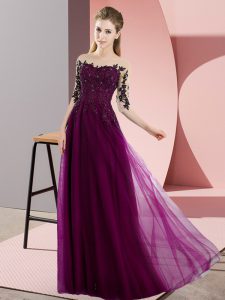 Fuchsia Bateau Lace Up Beading and Lace Quinceanera Dama Dress Half Sleeves