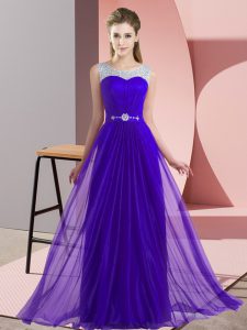 Unique Purple Empire Chiffon Scoop Sleeveless Beading Floor Length Lace Up Quinceanera Dama Dress