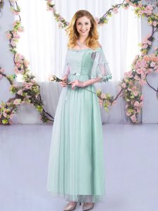 High Quality Light Blue Off The Shoulder Neckline Lace and Belt Quinceanera Court of Honor Dress Half Sleeves Side Zipper