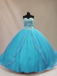 Aqua Blue Tulle Lace Up Sweet 16 Dresses Sleeveless Court Train Beading