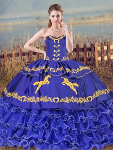 Blue Sweetheart Lace Up Embroidery and Ruffled Layers Quinceanera Gowns Brush Train Sleeveless
