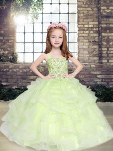 Fantastic Sleeveless Tulle Floor Length Lace Up Girls Pageant Dresses in Yellow Green with Beading