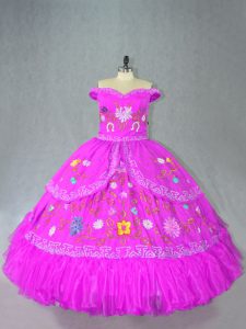 Latest Fuchsia Off The Shoulder Lace Up Embroidery Quinceanera Dresses Sleeveless