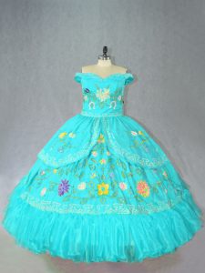 Aqua Blue Lace Up Off The Shoulder Embroidery Quinceanera Dress Satin Sleeveless