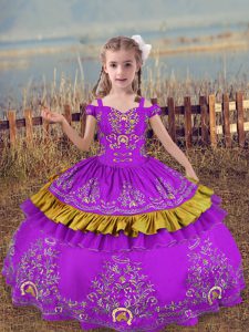 Beading and Embroidery Little Girls Pageant Gowns Purple Lace Up Sleeveless Floor Length