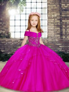 Classical Ball Gowns Kids Pageant Dress Fuchsia Straps Tulle Sleeveless Floor Length Lace Up
