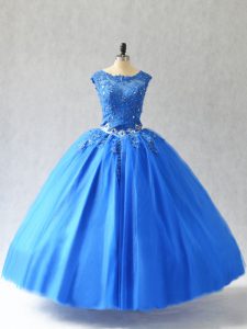 Vintage Blue Tulle Lace Up Quinceanera Dresses Sleeveless Floor Length Beading and Appliques