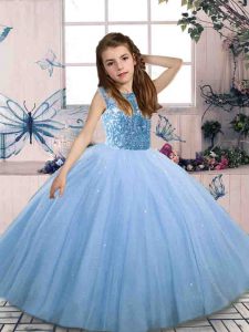Scoop Sleeveless Lace Up Pageant Gowns For Girls Blue Tulle