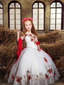 Embroidery Kids Pageant Dress White Lace Up Sleeveless Floor Length