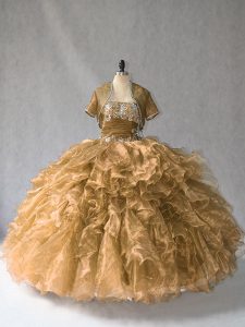 Brown Lace Up Strapless Beading and Ruffles 15th Birthday Dress Organza Sleeveless
