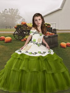 Sleeveless Floor Length Embroidery and Ruffled Layers Lace Up Little Girl Pageant Dress with Olive Green
