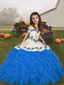 Straps Sleeveless Lace Up Pageant Gowns For Girls Blue Organza