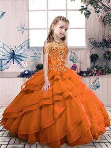 Orange Red Organza Lace Up Pageant Gowns For Girls Sleeveless Floor Length Beading