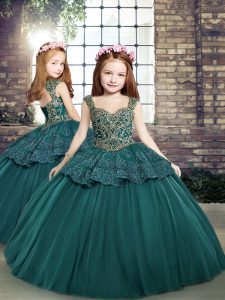 Custom Made Teal Side Zipper Straps Beading and Appliques Kids Formal Wear Tulle Sleeveless