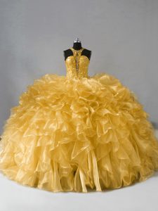 High-neck Sleeveless Quince Ball Gowns Floor Length Beading and Ruffles Gold Organza
