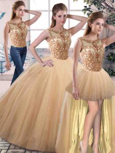 Gold Sleeveless Tulle Lace Up Vestidos de Quinceanera for Military Ball and Sweet 16 and Quinceanera