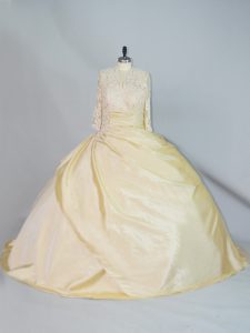 Yellow Ball Gown Prom Dress High-neck Long Sleeves Brush Train Lace Up