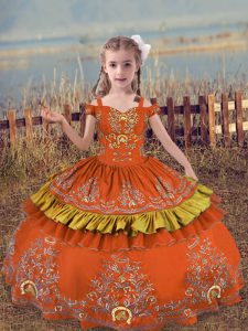 Rust Red Lace Up Off The Shoulder Beading and Embroidery Kids Formal Wear Satin Sleeveless