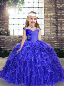Exquisite Beading and Ruffles Little Girls Pageant Dress Wholesale Blue Lace Up Sleeveless Floor Length