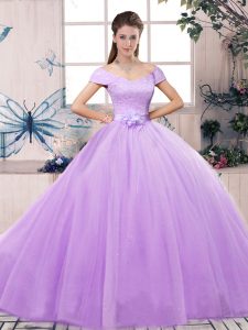 Fabulous Lavender Ball Gowns Tulle Off The Shoulder Short Sleeves Lace and Hand Made Flower Floor Length Lace Up Quinceanera Dress