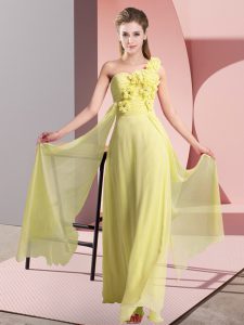 New Style Yellow Chiffon Lace Up Vestidos de Damas Sleeveless Floor Length Hand Made Flower