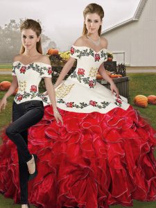 High Class White And Red Sleeveless Floor Length Embroidery and Ruffles Lace Up Quinceanera Dresses