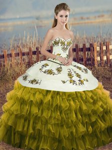 Sweetheart Sleeveless Sweet 16 Dress Floor Length Embroidery and Ruffled Layers and Bowknot Olive Green Organza