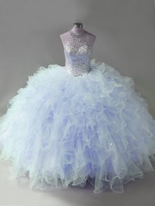 Free and Easy Sleeveless Tulle Floor Length Lace Up Quince Ball Gowns in Lavender with Beading and Ruffles