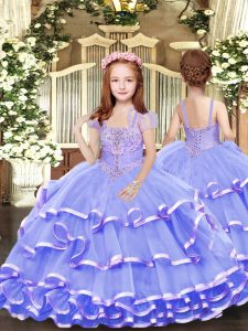 Sleeveless Tulle Floor Length Lace Up Kids Pageant Dress in Lavender with Beading and Ruffled Layers