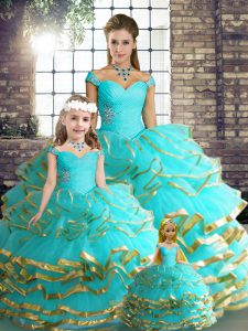 Captivating Aqua Blue Ball Gowns Beading and Ruffled Layers 15 Quinceanera Dress Lace Up Tulle Sleeveless Floor Length