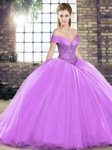 Sweet Brush Train Ball Gowns Sweet 16 Quinceanera Dress Lavender Off The Shoulder Organza Sleeveless Lace Up