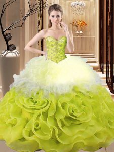 Top Selling Beading and Ruffles Quince Ball Gowns Multi-color Lace Up Sleeveless Floor Length