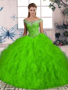 Quince Ball Gowns Tulle Brush Train Sleeveless Beading and Ruffles