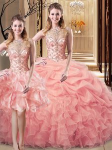Sleeveless Floor Length Beading and Ruffles Lace Up 15 Quinceanera Dress with Peach