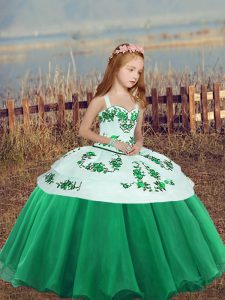 High Class Ball Gowns Kids Formal Wear Green Straps Organza Sleeveless Floor Length Side Zipper