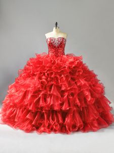 Gorgeous Floor Length Lace Up Sweet 16 Dress Red for Sweet 16 and Quinceanera with Beading and Ruffles and Sequins
