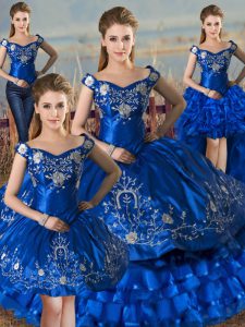 Sleeveless Satin and Organza Floor Length Lace Up 15th Birthday Dress in Royal Blue with Embroidery and Ruffled Layers