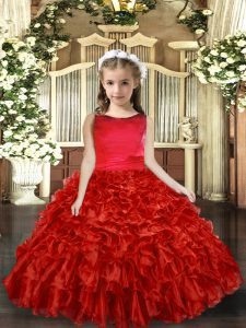 Dramatic Red Ball Gowns Ruffles Kids Pageant Dress Backless Organza Sleeveless Floor Length