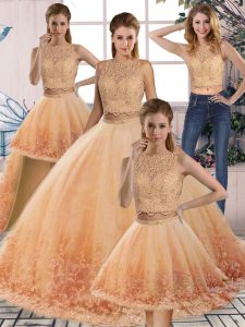 Exceptional Gold and Peach Ball Gowns Scalloped Sleeveless Tulle Sweep Train Backless Lace Quinceanera Dresses
