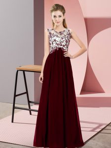 Scoop Sleeveless Court Dresses for Sweet 16 Floor Length Beading and Appliques Burgundy Chiffon