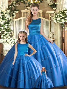 Blue Scoop Lace Up Appliques 15th Birthday Dress Sleeveless