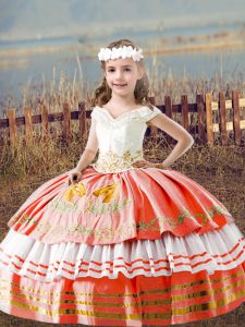 Perfect Orange Red Ball Gowns Off The Shoulder Sleeveless Satin Floor Length Lace Up Embroidery Pageant Gowns For Girls