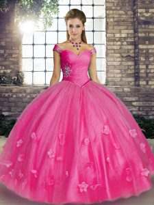 Custom Fit Off The Shoulder Sleeveless Quinceanera Dresses Floor Length Beading and Appliques Rose Pink Tulle