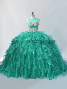 Charming Turquoise Sleeveless Organza Brush Train Zipper Vestidos de Quinceanera for Sweet 16 and Quinceanera