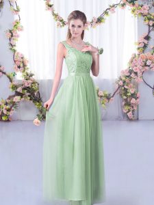 Stylish Apple Green V-neck Neckline Lace and Belt Dama Dress for Quinceanera Sleeveless Side Zipper