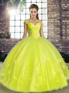 Off The Shoulder Sleeveless Tulle Quinceanera Gown Beading and Appliques Lace Up