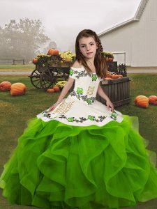 Perfect Green Straps Lace Up Embroidery and Ruffles Little Girl Pageant Gowns Sleeveless